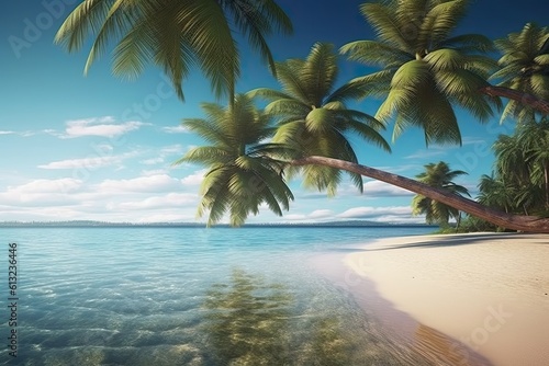 Picture-Perfect Paradise  A Tropical Beach Vacation with Palm Trees  Sand  and Sparkling Water. Generative AI