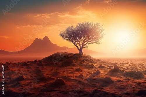 The Magic of a Generative Sunrise in a Desert Landscape with a Mountain and a Tree: Generative AI