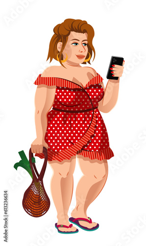 Beautiful big girl in a summer red dots dress, at the market with a shopping bag. Short hair, big earings, watching on her phone.