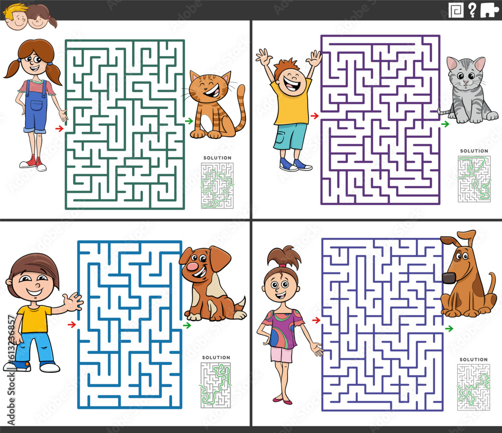 maze activities set with cartoon children and their pets maze activities set with cartoon children and their pets