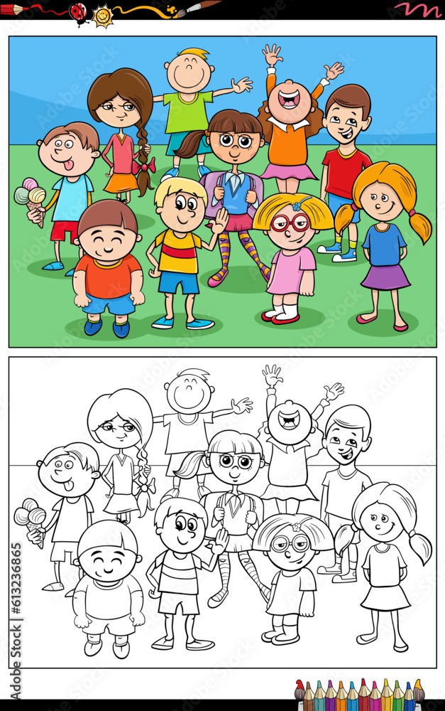 funny cartoon children characters group coloring page