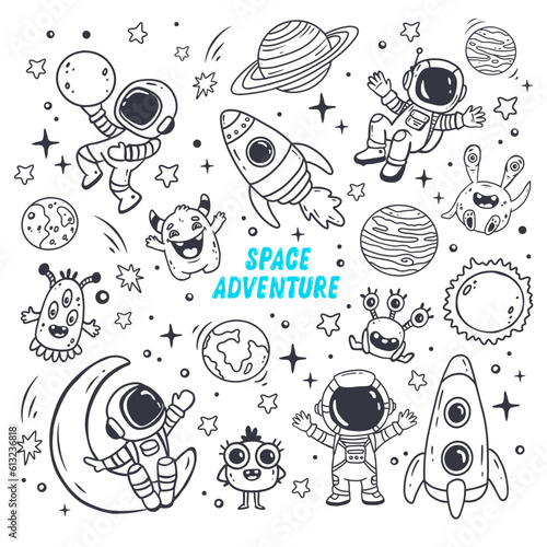 set of cosmos in doodle style: astronaut, planets, stars, rocket and alient,monster for design. Science space exploration. Vector illustration
