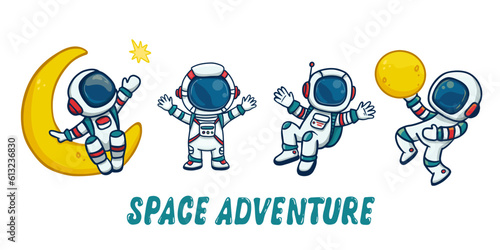 set of cartoon astronauts isolated on colorful background. Doodle style,for book. Vector illustration