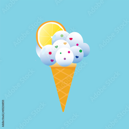 Ice cream balls in a waffle cup with an orange slice.