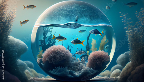 Abstract biosphere in a bubble. Ecosystem in a fish bowl. Environmental background wallpaper with fish and coral Ai generated image  photo