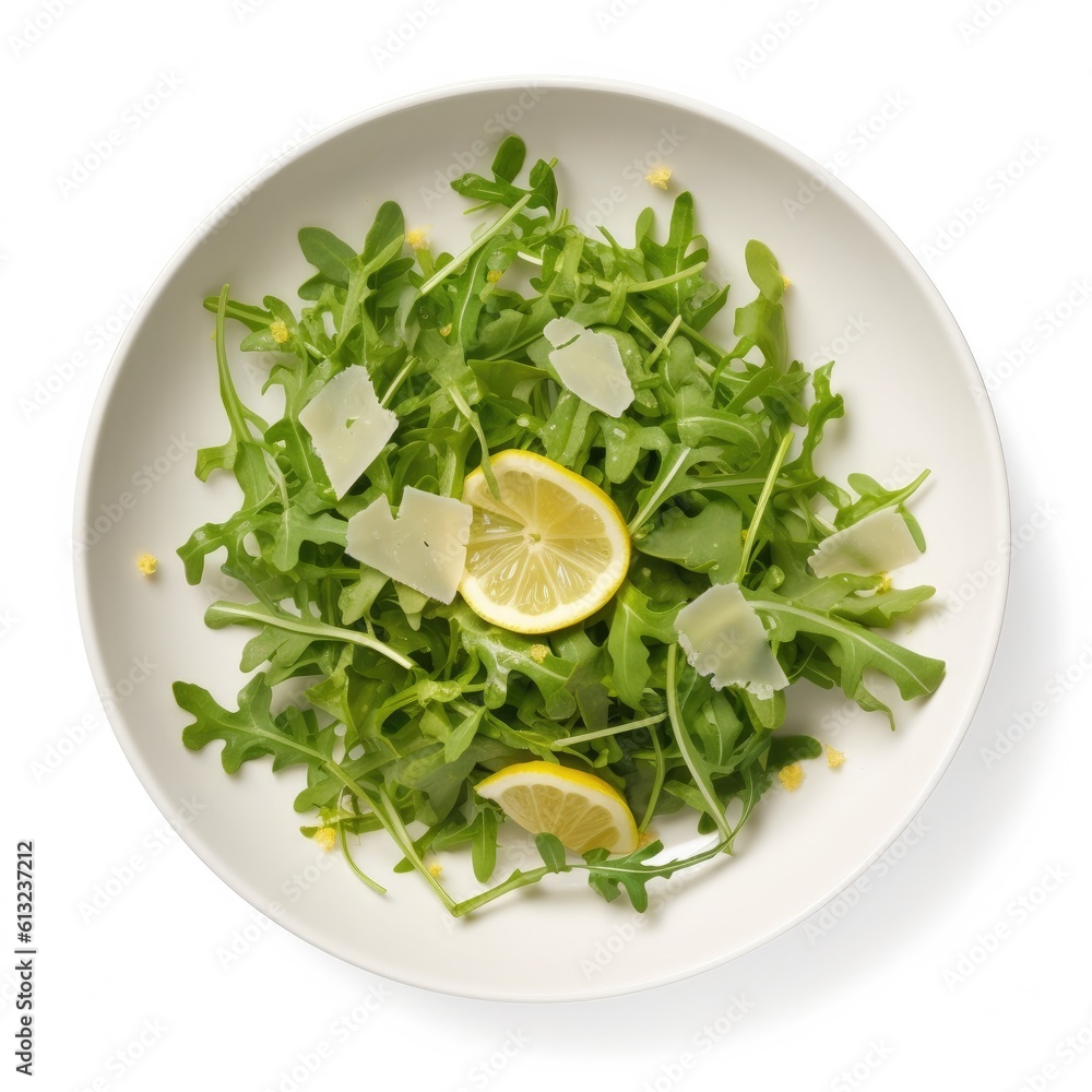 Arugula Salad with Parmesan and Lemon isolated on white background. Generative AI Arugula Salad with Parmesan and Lemon isolated on white background. Generative AI
