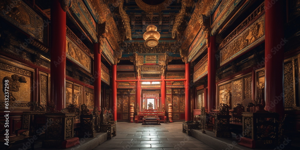 Luxurious ancient Chinese Temple Hall A temple hall is_002, Generative AI, Generative, AI
