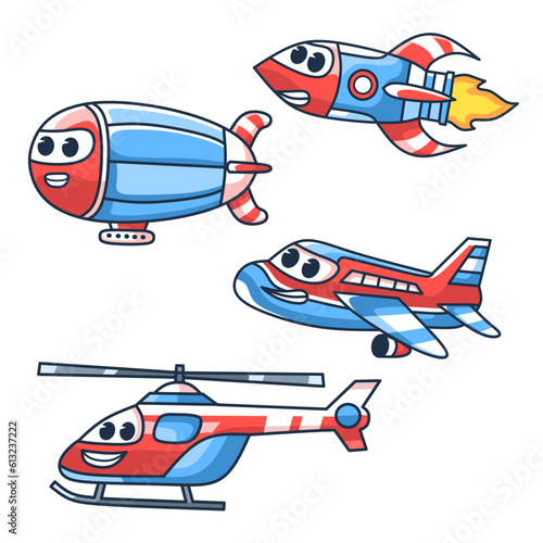cute air transport cartoon collection.plane,helicopter,rocket,air balloon.vector illustration of cloud travel on white background