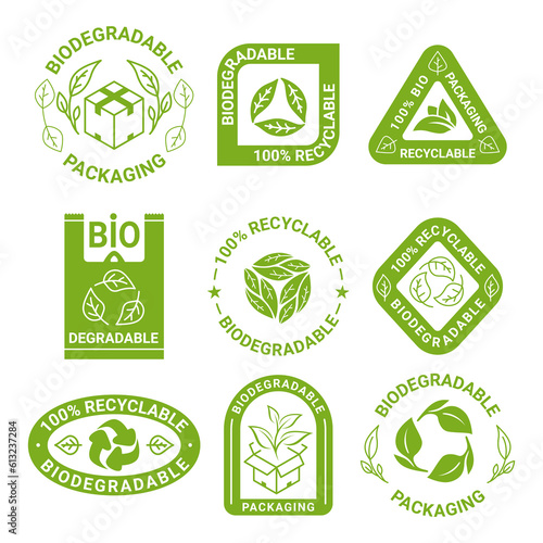 Biodegradable package green eco label 100 percent reusable bio recycling emblem set vector flat