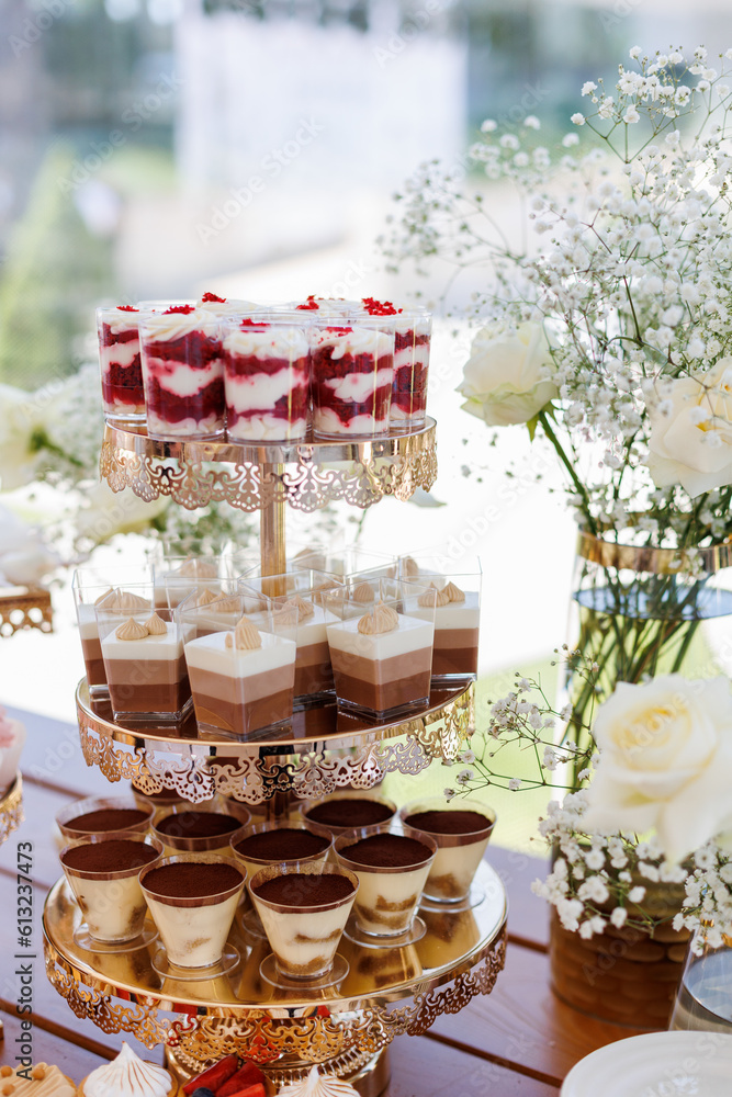Delicious wedding reception candy bar. Tiramisu, cupcakes, sweetness, macaroons decorated by flowers gypsophila and white roses 