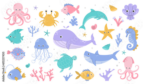 Set of sea and ocean underwater animals. Cute aquatic turtle, whale, whale, dolphin, octopus and colorful fishes. Childish colored flat cartoon vector illustration isolated on white background