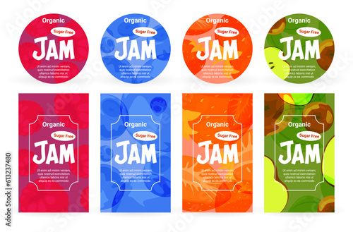 Fruit jam label template organic sugar free sweet dessert delicious emblem set vector illustration
