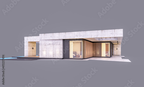 3d rendering of new concrete house in modern style with pool and parking for sale or rent only one floor in evening. Isolated on gray