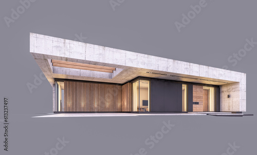 3d rendering of new concrete house in modern style with pool and parking for sale or rent only one floor in evening. Isolated on gray