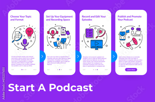 Start podcast internet radio audio show steps mobile app user interface with line elements vector