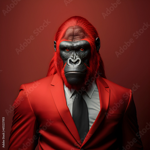 Realistic lifelike gorilla in dapper high end luxury formal suit and shirt, commercial, editorial advertisement, surreal surrealism. 