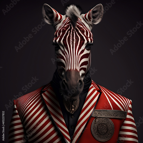 Realistic lifelike zebra in dapper high end luxury formal suit and shirt  commercial  editorial advertisement  surreal surrealism. 