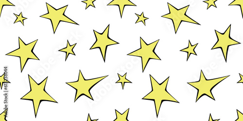 Seamless pattern of yellow stars in doodle flat style. Simple color background and texture on theme of night sky, space, astronomy, kids design