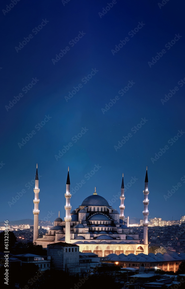 A mosque in the city at dusk, with a beautiful blue sky dome as the building exterior. High quality photo