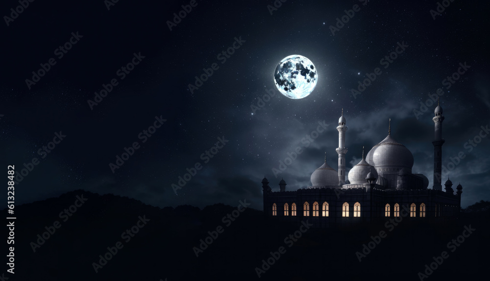 Silhouette of mosque at night moonlit sky stunning as the full moon. High quality photo