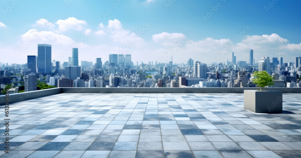 Empty brick floor on the rooftop with cityscape and skyline of modern city background. High quality photo