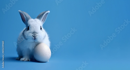Cute white rabbit and egg on blue background. Easter concept. High quality photo