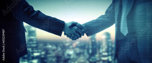 Partnership concept with business people shaking hands over cityscape background. High quality photo