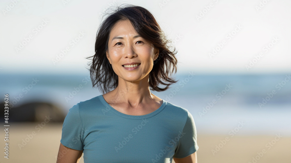 Middle age Asian woman enjoying a quiet beach time. Portrait of a female in her 40s, 50s. Generative AI Middle age Asian woman enjoying a quiet beach time. Portrait of a female in her 40s, 50s. Generative AI