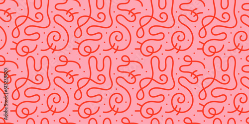 Fun line doodle seamless pattern. Creative abstract squiggle style drawing background for children or trendy design with basic shapes. Simple childish scribble wallpaper print.
