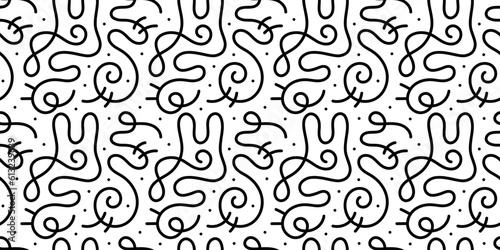 Fun black and white line doodle seamless pattern. Creative abstract squiggle style drawing background for children or trendy design with basic shapes. Simple childish scribble wallpaper print.