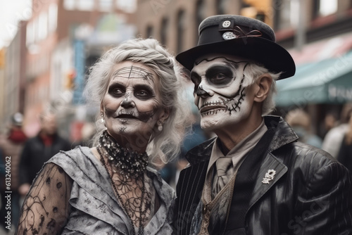 Couple of seniors  in Halloween costumes walking outside on the city street daylight. Generated Ai © MarijaBazarova