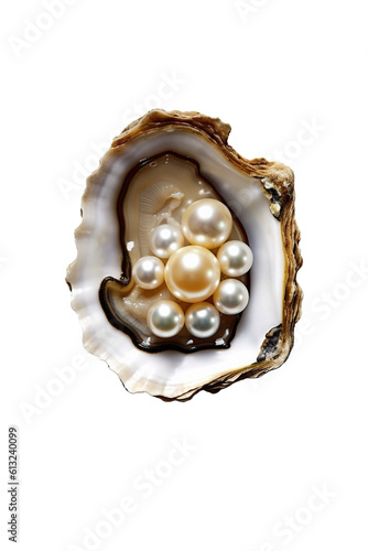 various pearls in open oyster on a white background. generated with AI