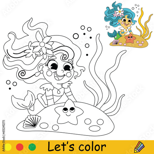 Kids coloring happy mermaid and starfish vector illustration