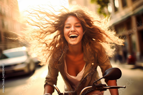 Young attractive woman riding a bicycle through the city. AI generativ.