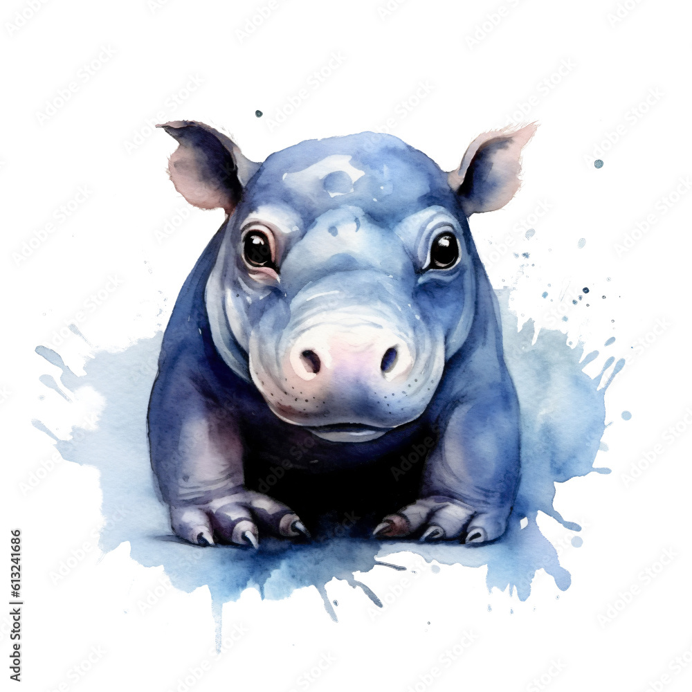 Obraz premium portrait little cute hippo baby in watercolor isolated against transparent background
