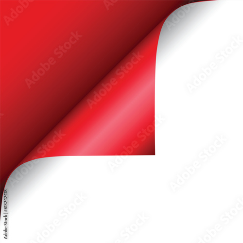 Paper page with curled top corner on red background with shadow. Template for design. Vector illustration