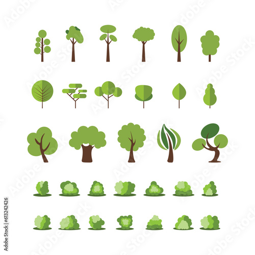 Set of original trees and bushes on white. Trees and bushes of different types for origami. Flat. Vector illustration