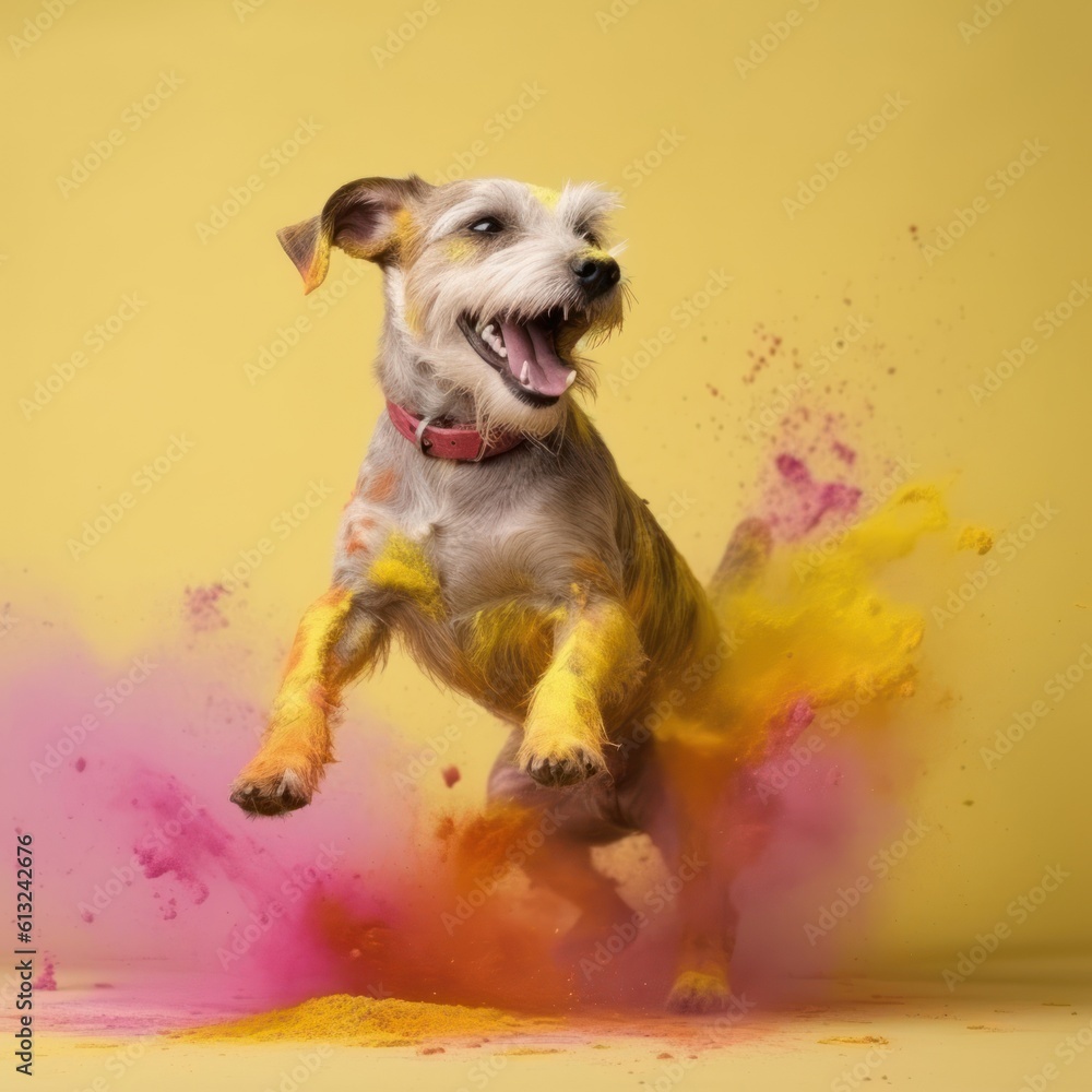 A cheerful playful dog jumps up among the colors of Holi, Terrier on a bright multi-colored background, generative ai