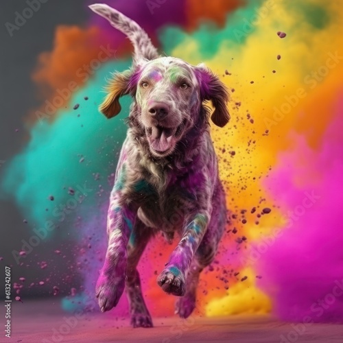 A cheerful playful dog jumps up among the colors of Holi, Setter on a bright multi-colored background, generative ai