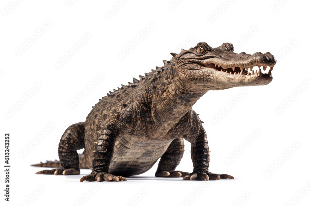 Fototapeta premium Crocodile full body showing jaws on white isolate background, Generative AI