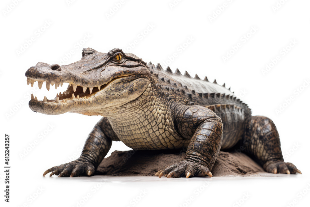 Crocodile full body showing jaws on white isolate background, Generative AI Crocodile full body showing jaws on white isolate background, Generative AI