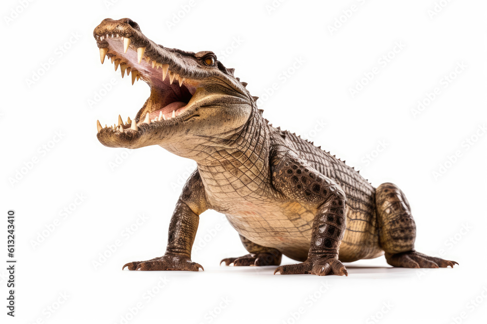 Obraz premium Crocodile full body showing jaws on white isolate background, Generative AI