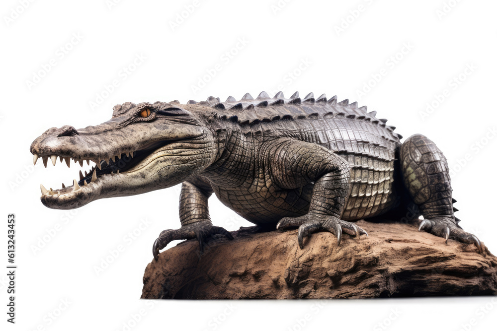 Naklejka premium Crocodile full body showing jaws on white isolate background, Generative AI