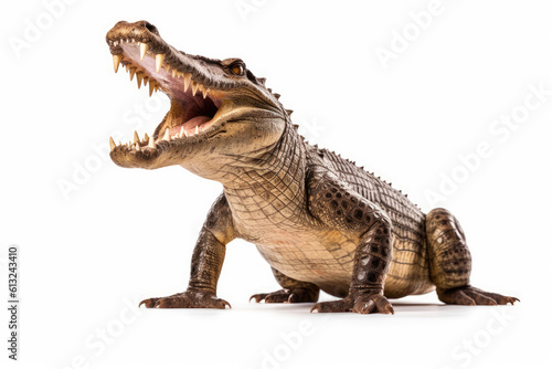 Crocodile full body showing jaws on white isolate background, Generative AI