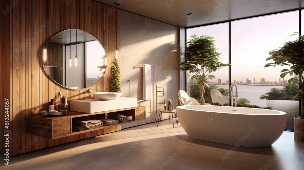 Modern bathroom. Design with panoramic window. Generative AI Modern bathroom. Design with panoramic window. Generative AI