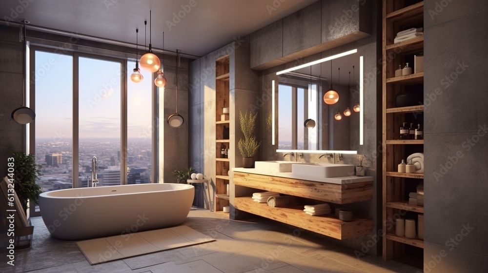 Fototapeta premium Modern bathroom. Design with panoramic window. Generative AI