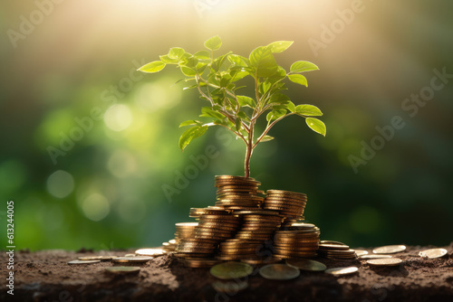 Saving money concept, Tree growing on coins stack with sun ray. Generative Ai