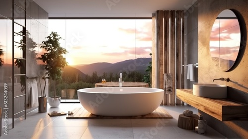 Modern bathroom. Design with panoramic window. Generative AI © Irina