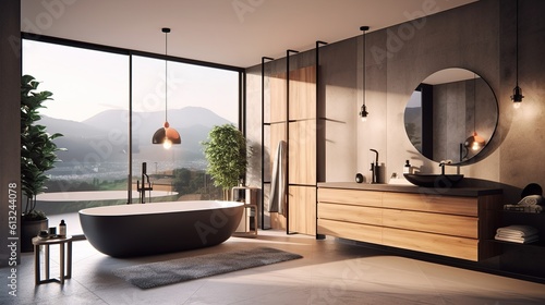 Modern bathroom. Design with panoramic window. Generative AI