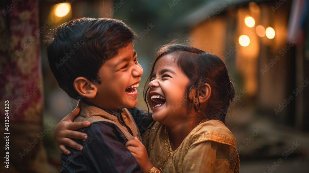Two Beautiful Indian Children Laughing and Playing Together Outside - Generative AI.